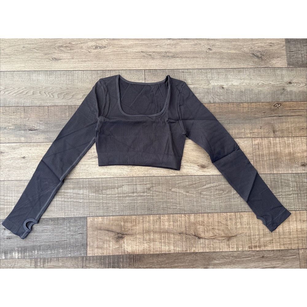 Womens Square Neck Long Sleeve Crop Top Workout Athletic Yoga Medium, Gray